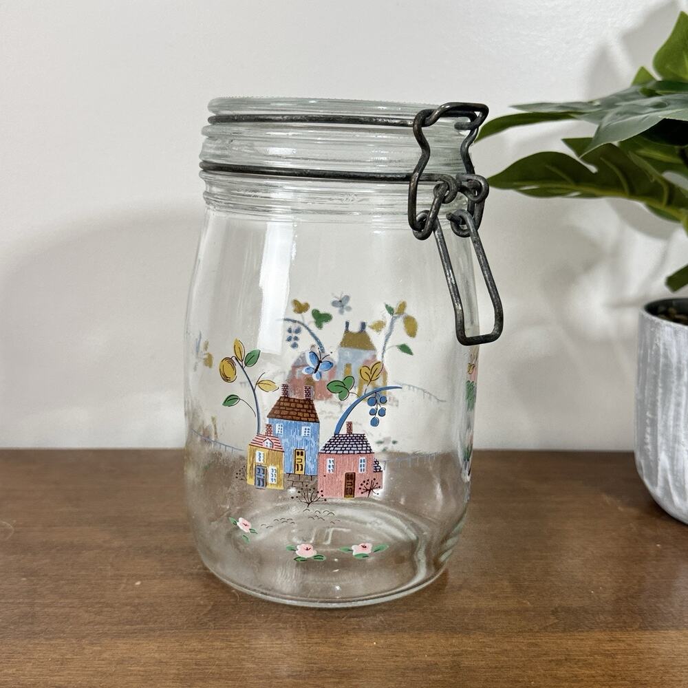Vintage ARC France Glass Heartland Canister w/ Wire Hinged Lid Cottagecore 1 L